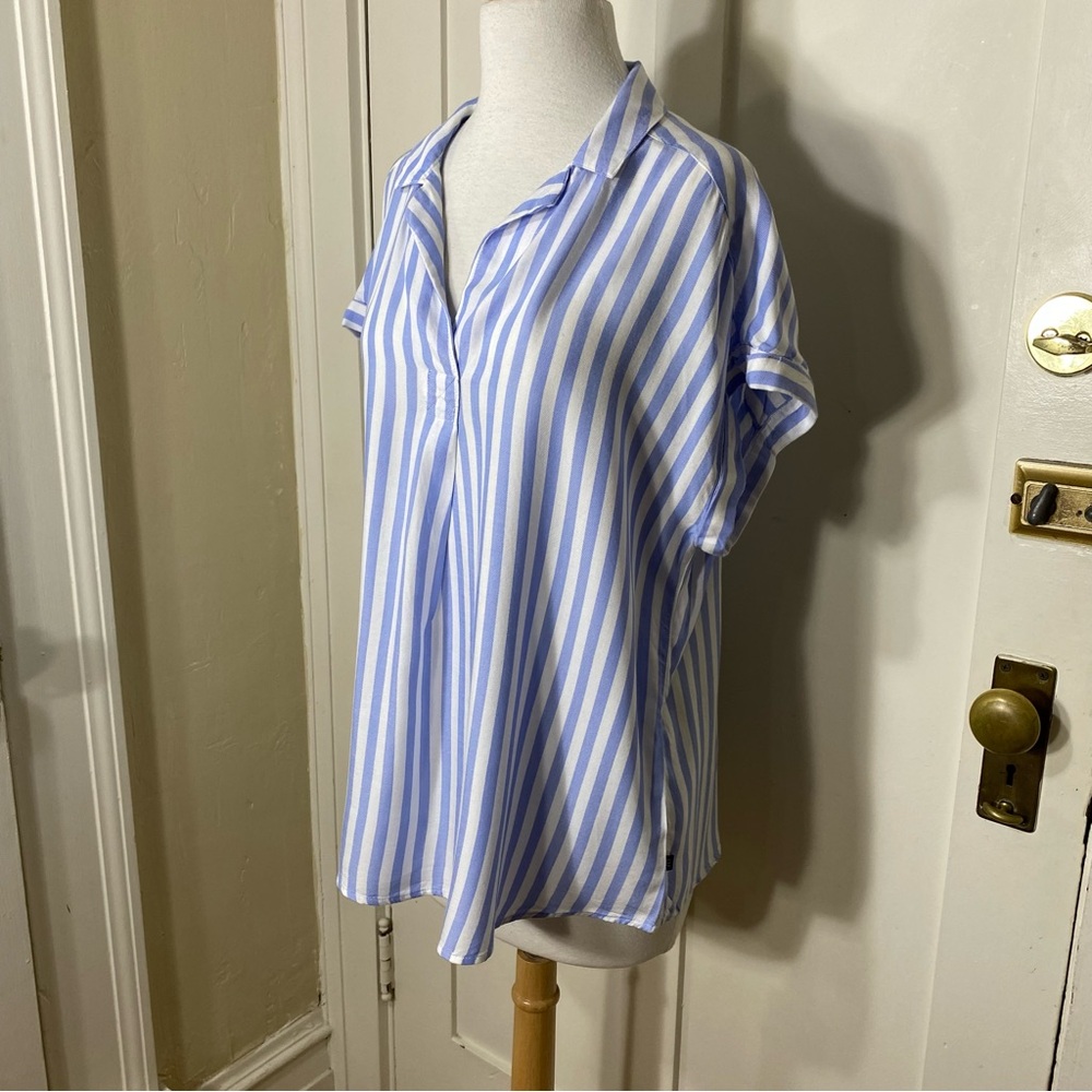 Gap Blue White Striped Popover Summer Spring Rayon Viscose Blend Blouse L - Picture 9 of 14